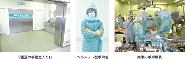 写真　２重扉の手術室入り口　ヘルメット型手術着　実際の手術風景